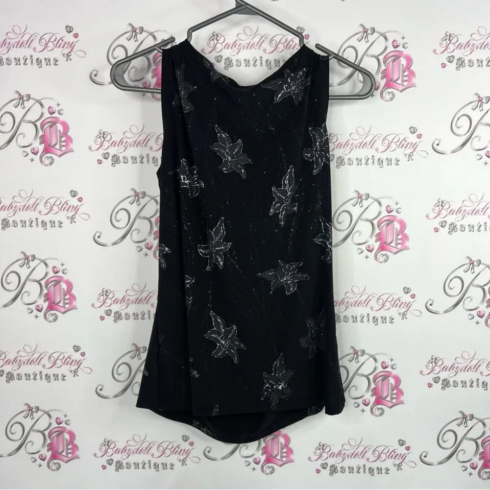 Reitmans tank top sparkly glitter flowers y2k scoop neck Black Floral Tank Top